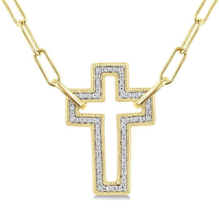 1/10 Ctw Round Cut Diamond Cross Pendant With Paperclip Chain in Yellow Gold Vermeil