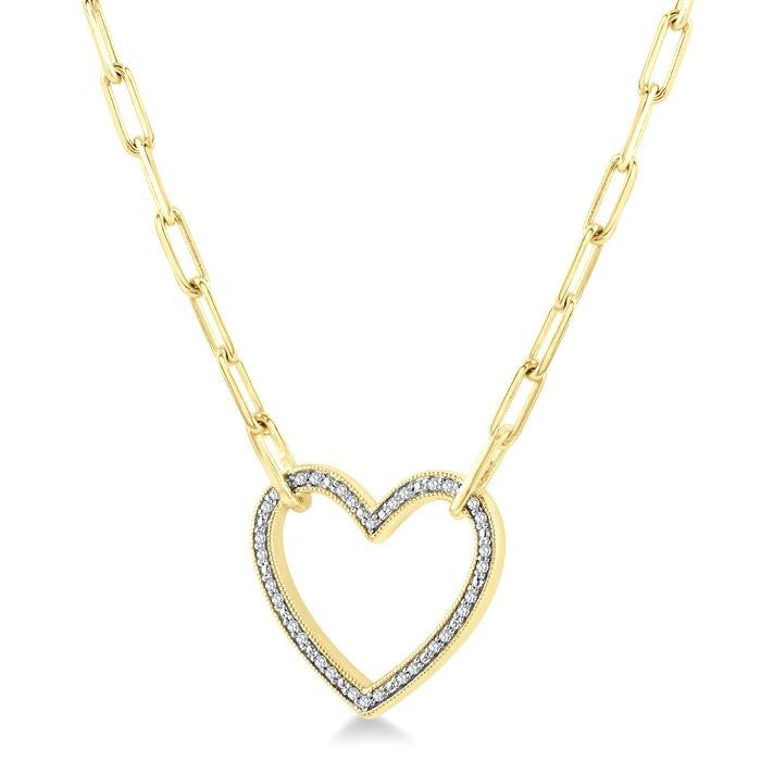 1/10 Ctw Heart Frame Round Cut Diamond Fashion Pendant With Paperclip Chain in Yellow Gold Vermeil