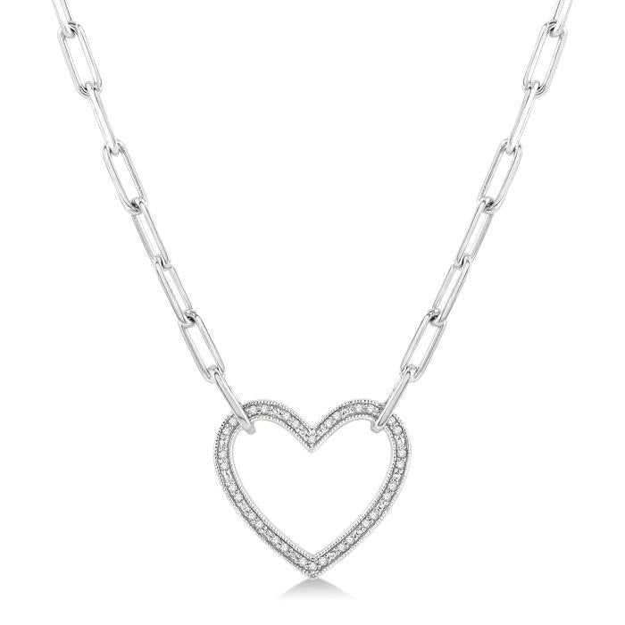 1/10 Ctw Round Cut Diamond Heart Pendant With Paperclip Chain in Sterling Silver
