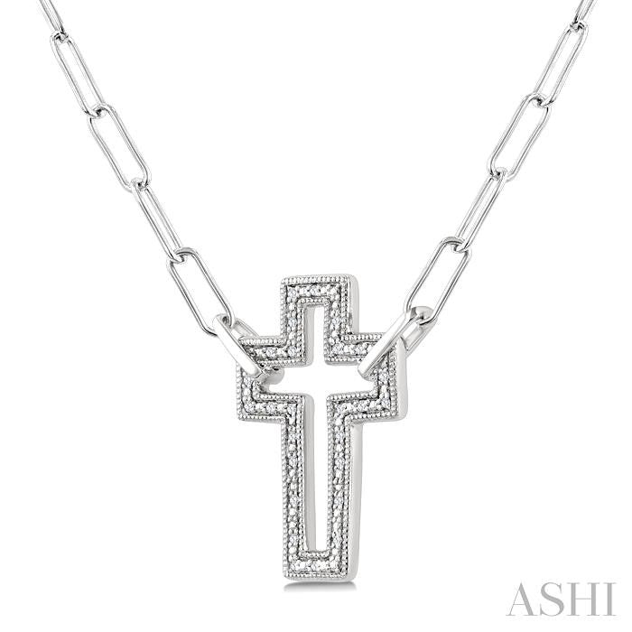 1/10 Ctw Round Cut Diamond Cross Pendant With Paperclip Chain in Sterling Silver