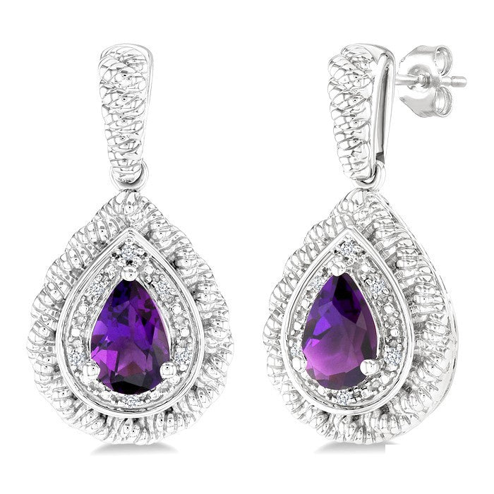 6X4 MM Pear Cut Amethyst and 1/20 Ctw Round Cut Diamond Semi-Precious Earrings in Sterling Silver