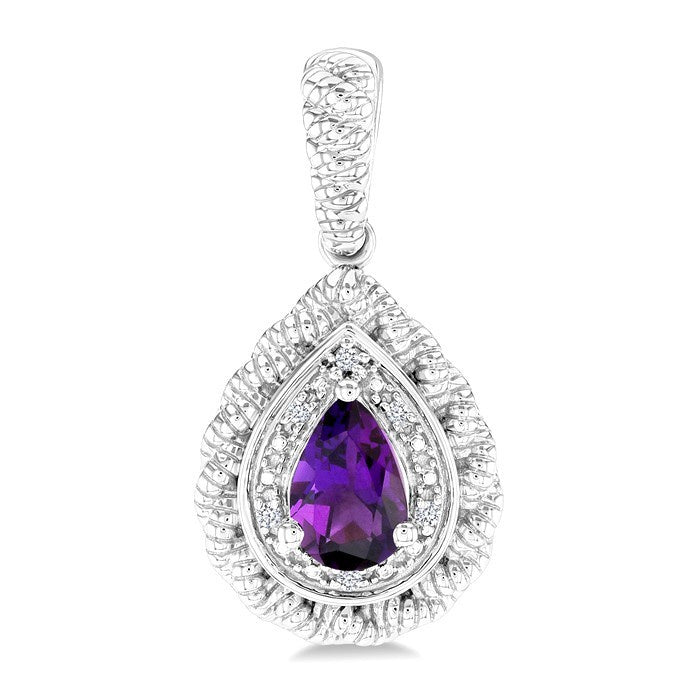 6X4 MM Pear Cut Amethyst and 1/20 Ctw Round Cut Diamond Semi-Precious Earrings in Sterling Silver