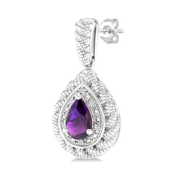 6X4 MM Pear Cut Amethyst and 1/20 Ctw Round Cut Diamond Semi-Precious Earrings in Sterling Silver