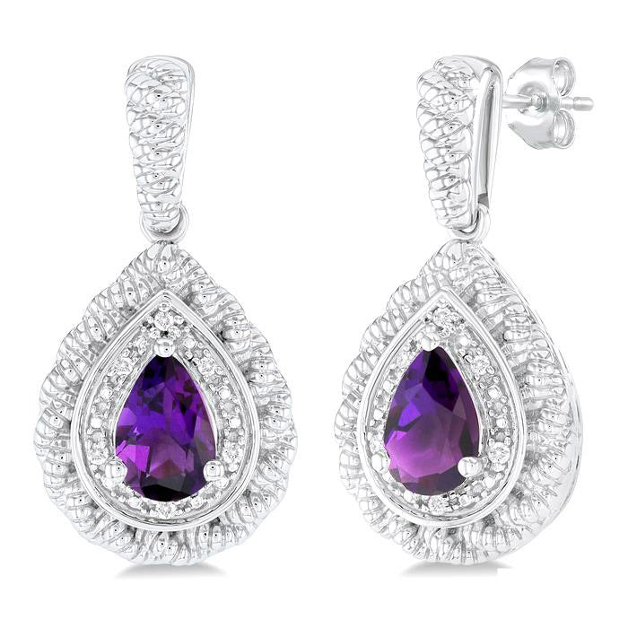 Silver Pear Shape Gemstone & Diamond Earrings