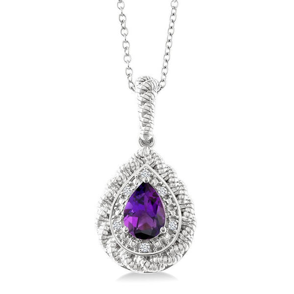 7X5 MM Pear Cut Amethyst and 1/20 Ctw Round Cut Diamond Semi-Precious Pendant With Chain in Sterling Silver