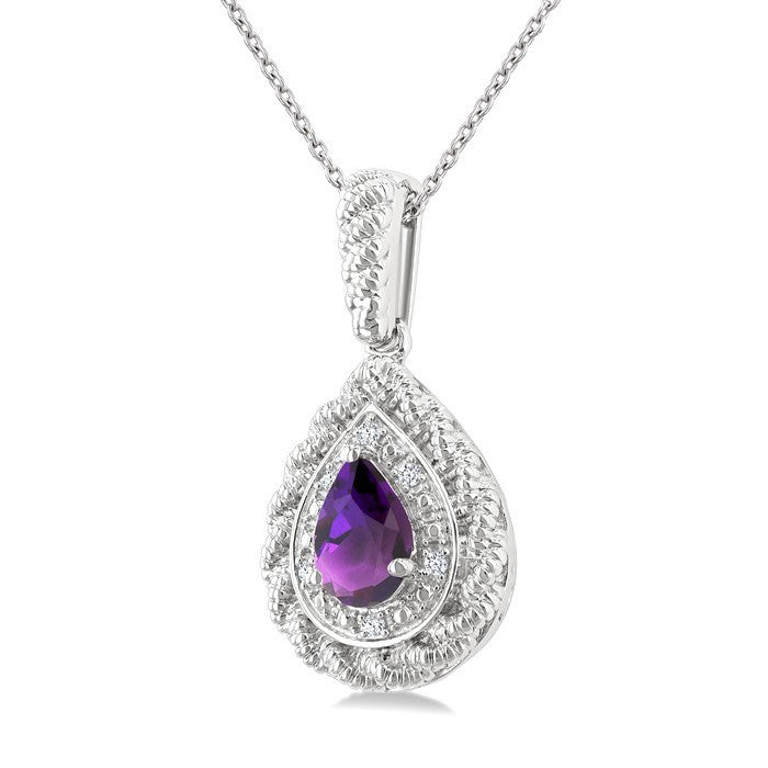 7X5 MM Pear Cut Amethyst and 1/20 Ctw Round Cut Diamond Semi-Precious Pendant With Chain in Sterling Silver