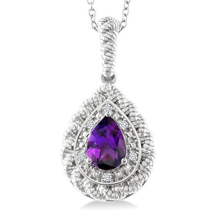 7X5 MM Pear Cut Amethyst and 1/20 Ctw Round Cut Diamond Semi-Precious Pendant With Chain in Sterling Silver