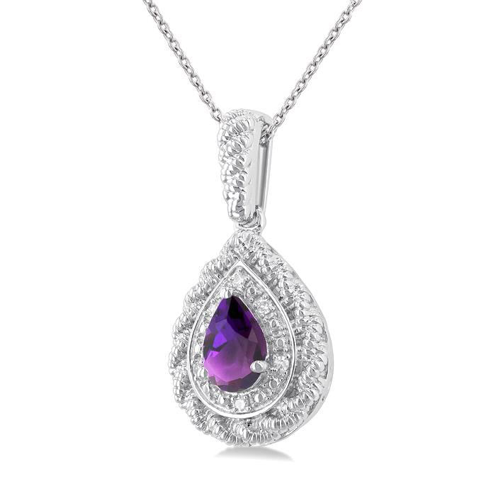 Silver Pear Shape Gemstone & Diamond Pendant