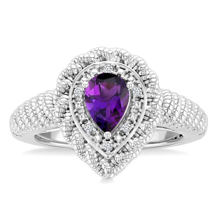 7X5 MM Pear Cut Amethyst and 1/20 Ctw Round Cut Diamond Semi-Precious Ring in Sterling Silver