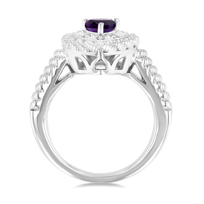 7X5 MM Pear Cut Amethyst and 1/20 Ctw Round Cut Diamond Semi-Precious Ring in Sterling Silver