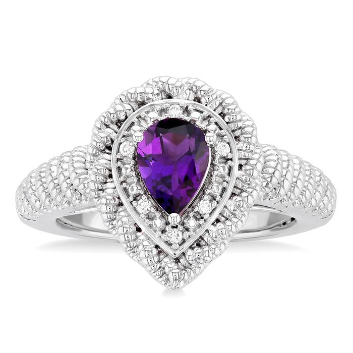 Silver Pear Shape Gemstone & Diamond Ring