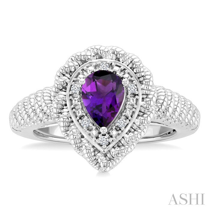 7X5 MM Pear Cut Amethyst and 1/20 Ctw Round Cut Diamond Semi-Precious Ring in Sterling Silver