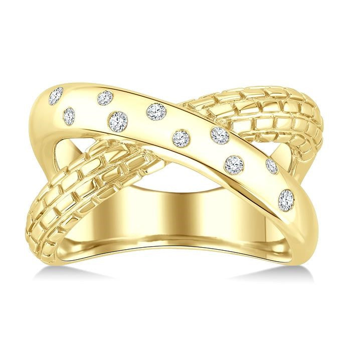 1/10 Ctw Split Crisscross Flush Set Round Cut Diamond Fashion Ring in Yellow Gold Vermeil