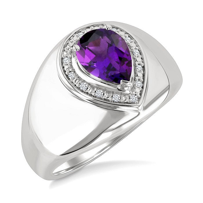 8X5MM Pear Cut Amethyst and 1/20 Ctw Round Cut Diamond Semi-Precious Bold Ring in Sterling Silver