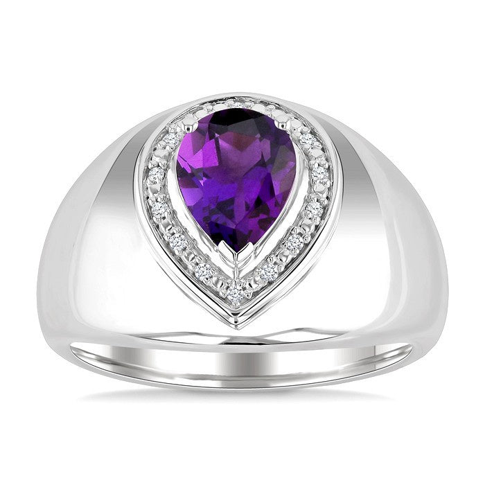 8X5MM Pear Cut Amethyst and 1/20 Ctw Round Cut Diamond Semi-Precious Bold Ring in Sterling Silver