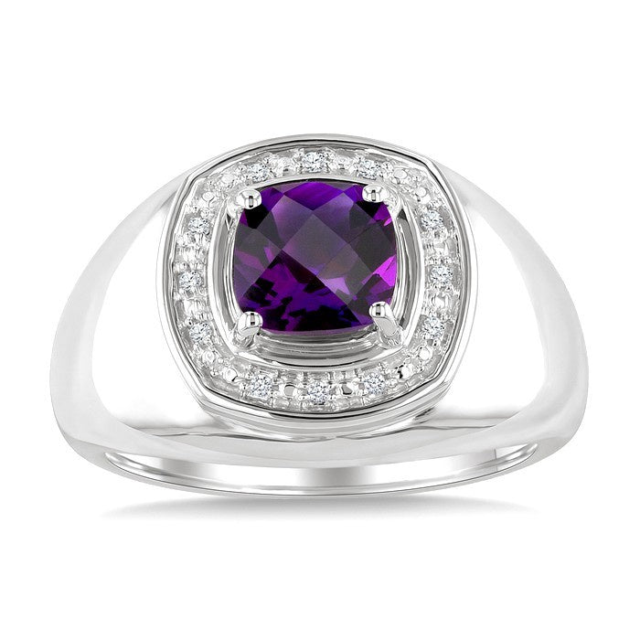 8 MM Cushion Shape Amethyst and 1/20 Ctw Round Cut Diamond Semi-Precious Ring in Sterling Silver