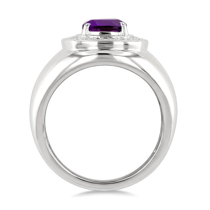 8 MM Cushion Shape Amethyst and 1/20 Ctw Round Cut Diamond Semi-Precious Ring in Sterling Silver