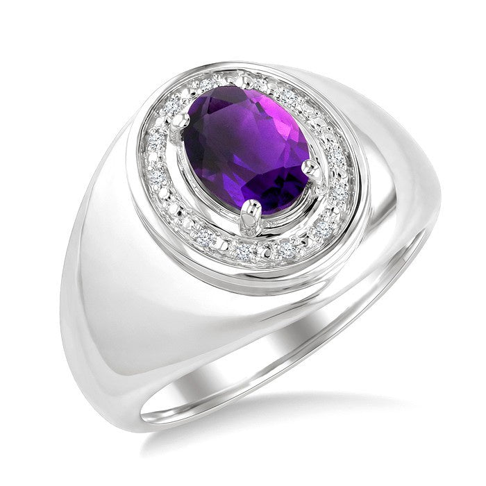 8X6 MM Oval Shape Amethyst and 1/20 Ctw Round Cut Diamond Semi-Precious Ring in Sterling Silver