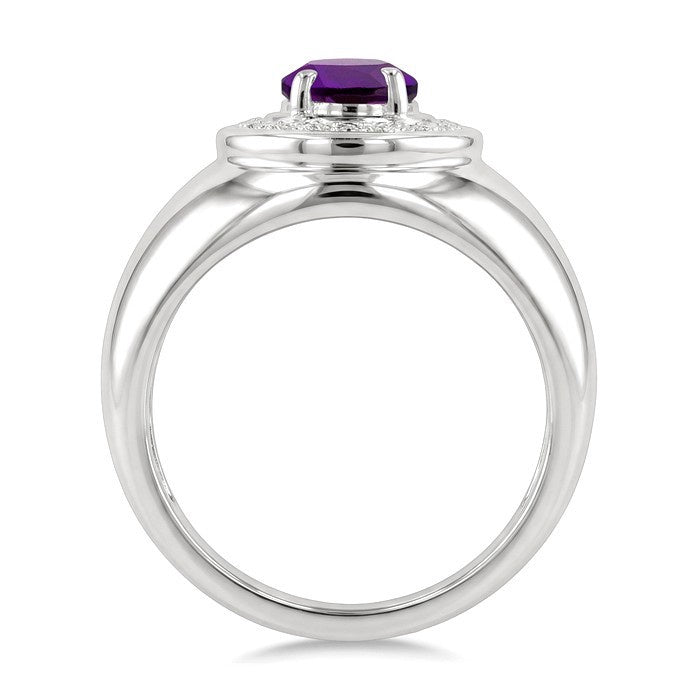 8X6 MM Oval Shape Amethyst and 1/20 Ctw Round Cut Diamond Semi-Precious Ring in Sterling Silver