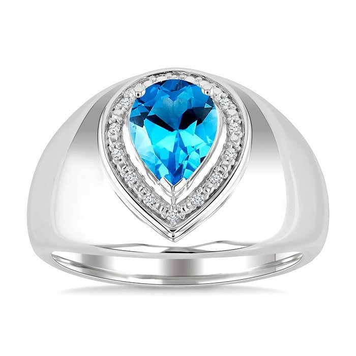 8X5MM Pear Cut Blue Topaz and 1/20 Ctw Round Cut Diamond Semi-Precious Bold Ring in Sterling Silver