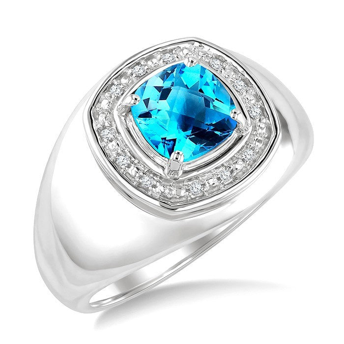 8 MM Cushion Shape Blue Topaz and 1/20 Ctw Round Cut Diamond Semi-Precious Ring in Sterling Silver