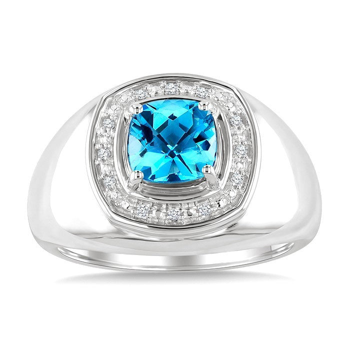 8 MM Cushion Shape Blue Topaz and 1/20 Ctw Round Cut Diamond Semi-Precious Ring in Sterling Silver