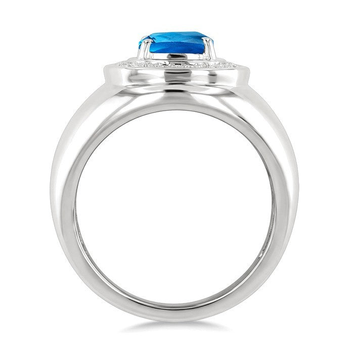 8 MM Cushion Shape Blue Topaz and 1/20 Ctw Round Cut Diamond Semi-Precious Ring in Sterling Silver