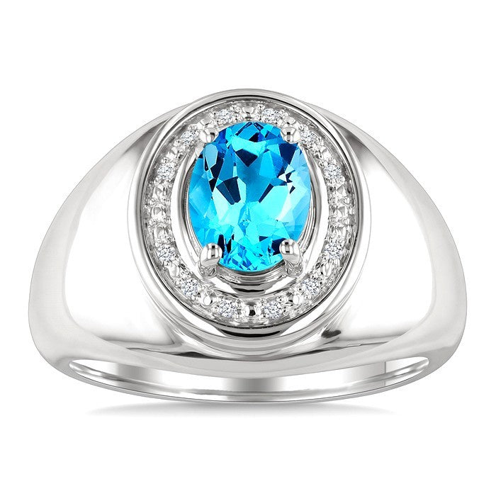 8X6 MM Oval Shape Blue Topaz and 1/20 Ctw Round Cut Diamond Semi-Precious Ring in Sterling Silver