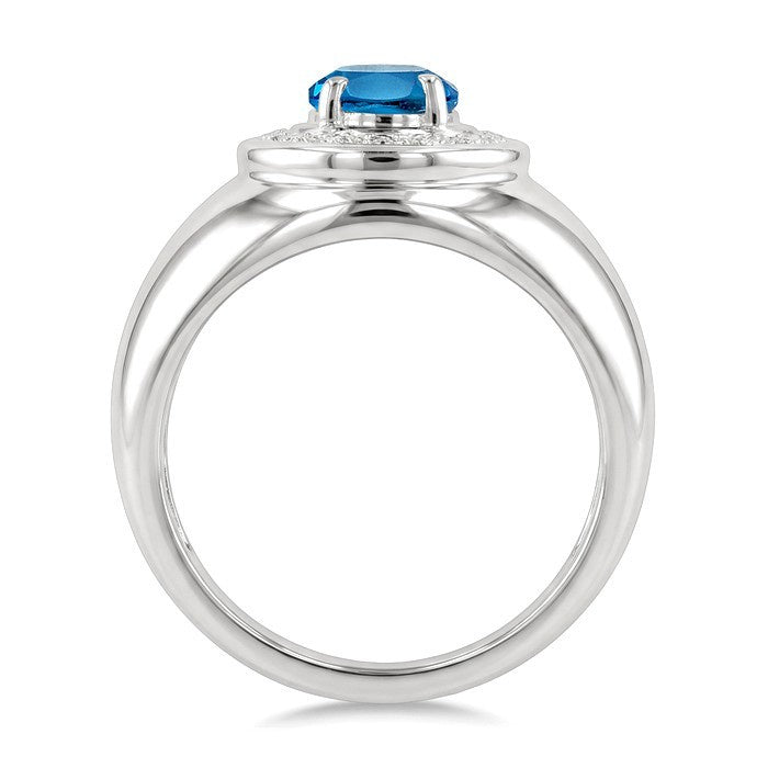8X6 MM Oval Shape Blue Topaz and 1/20 Ctw Round Cut Diamond Semi-Precious Ring in Sterling Silver