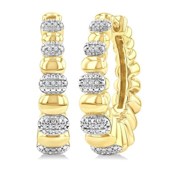 1/10 Ctw Bold Puffed Pod Rib Round Cut Diamond Fashion Hoop Earrings in Yellow Gold Vermeil