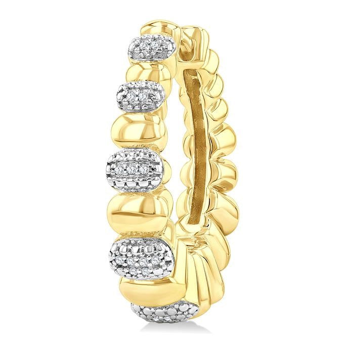 1/10 Ctw Bold Puffed Pod Rib Round Cut Diamond Fashion Hoop Earrings in Yellow Gold Vermeil