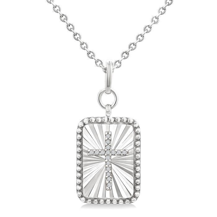 1/20 Ctw Rectangle Fluted Medallion Round Cut Diamond Cross Pendant With Chain in Sterling Silver