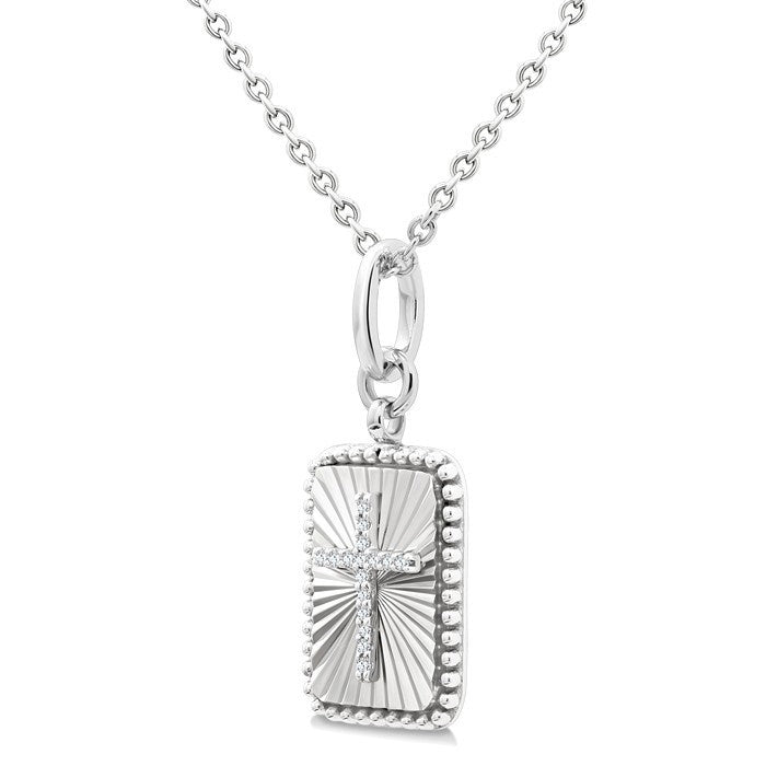1/20 Ctw Rectangle Fluted Medallion Round Cut Diamond Cross Pendant With Chain in Sterling Silver