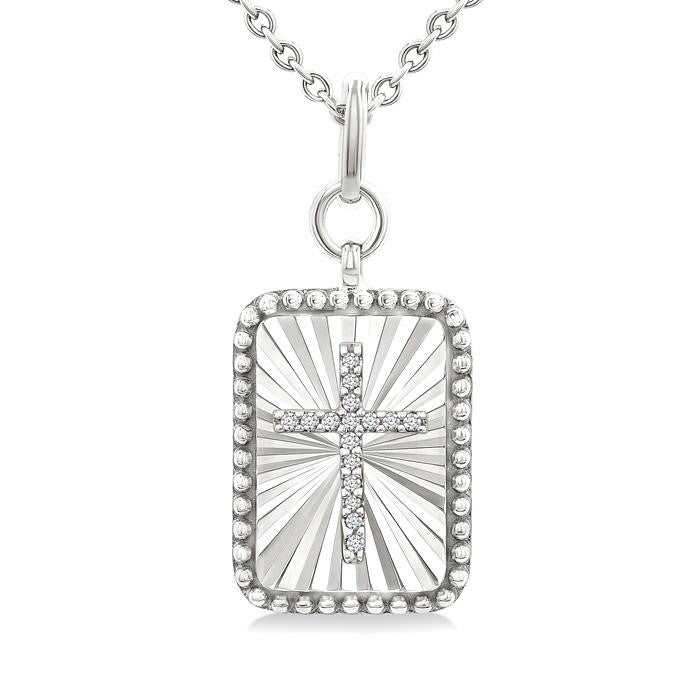 1/20 Ctw Rectangle Fluted Medallion Round Cut Diamond Cross Pendant With Chain in Sterling Silver