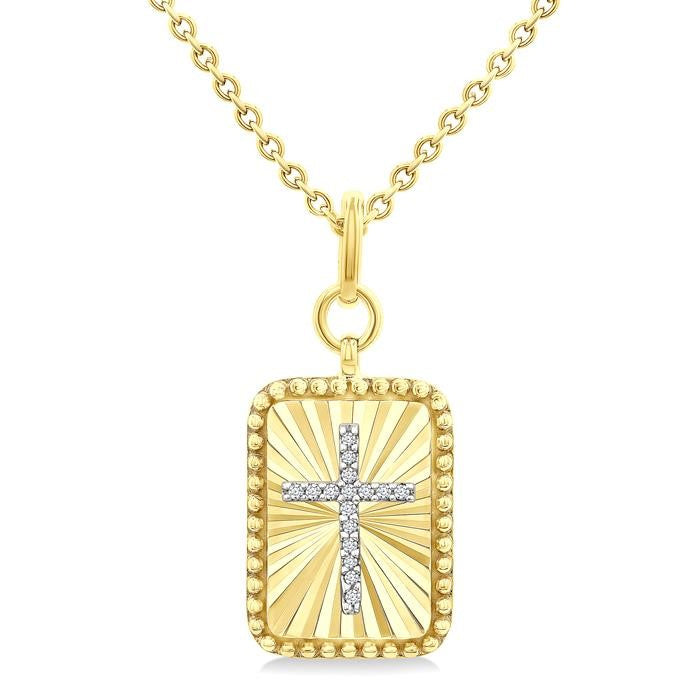 1/20 Ctw Latin Cross Round Cut Diamond Rectangular Fluted Medallion Pendant With Chain in Yellow Gold Vermeil