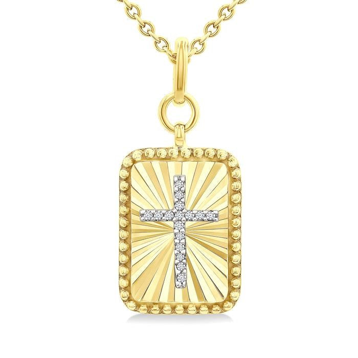 1/20 Ctw Latin Cross Round Cut Diamond Rectangular Fluted Medallion Pendant With Chain in Yellow Gold Vermeil