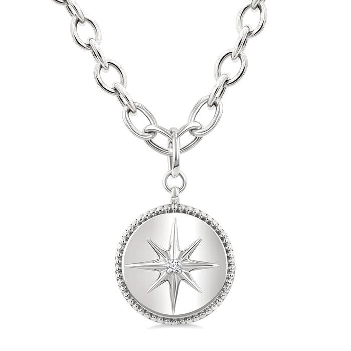 1/20 Ctw Compass medallion Round Cut Diamond Pendant With Chain in Sterling Silver