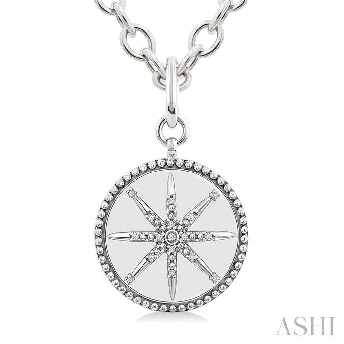 1/20 Ctw Compass medallion Round Cut Diamond Pendant With Chain in Sterling Silver