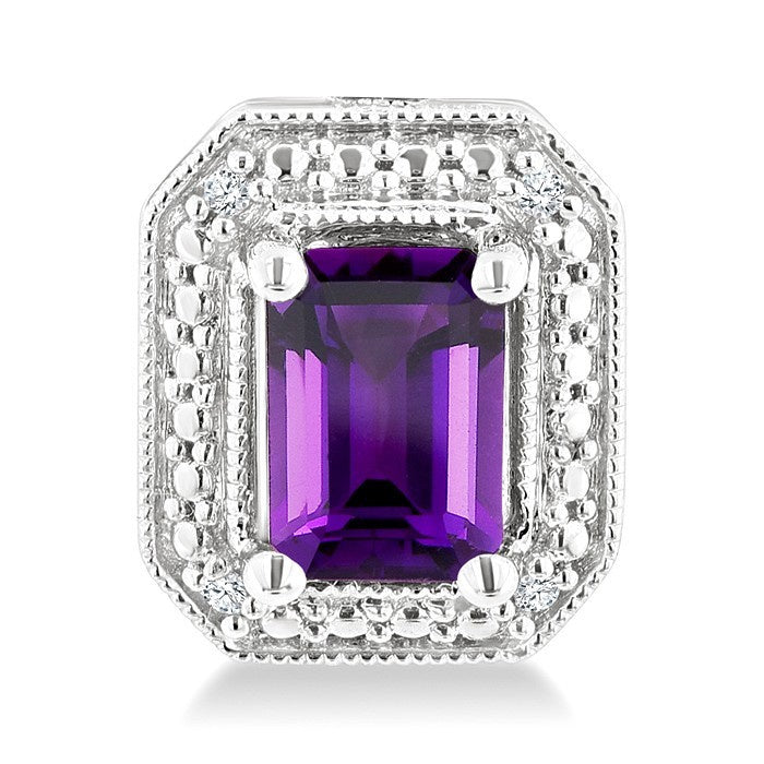 6X4 MM Octagon Shape Amethyst and 1/50 Ctw Round Cut Diamond Semi-Precious Earrings in Sterling Silver
