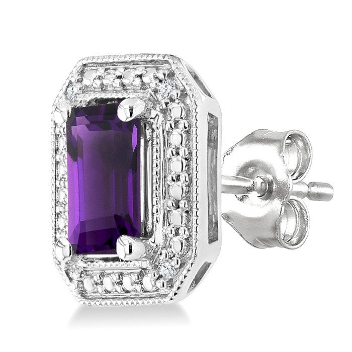 6X4 MM Octagon Shape Amethyst and 1/50 Ctw Round Cut Diamond Semi-Precious Earrings in Sterling Silver