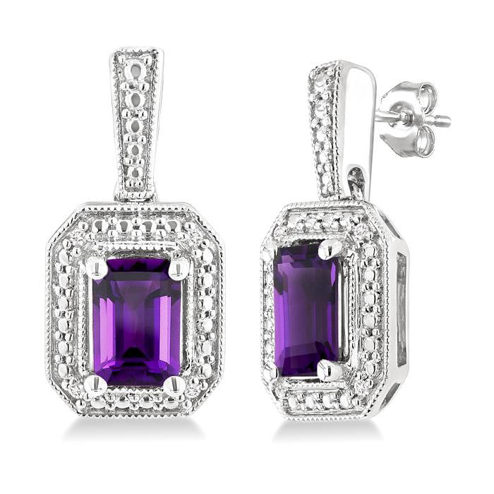 Silver Emerald Shape Gemstone & Diamond Earrings