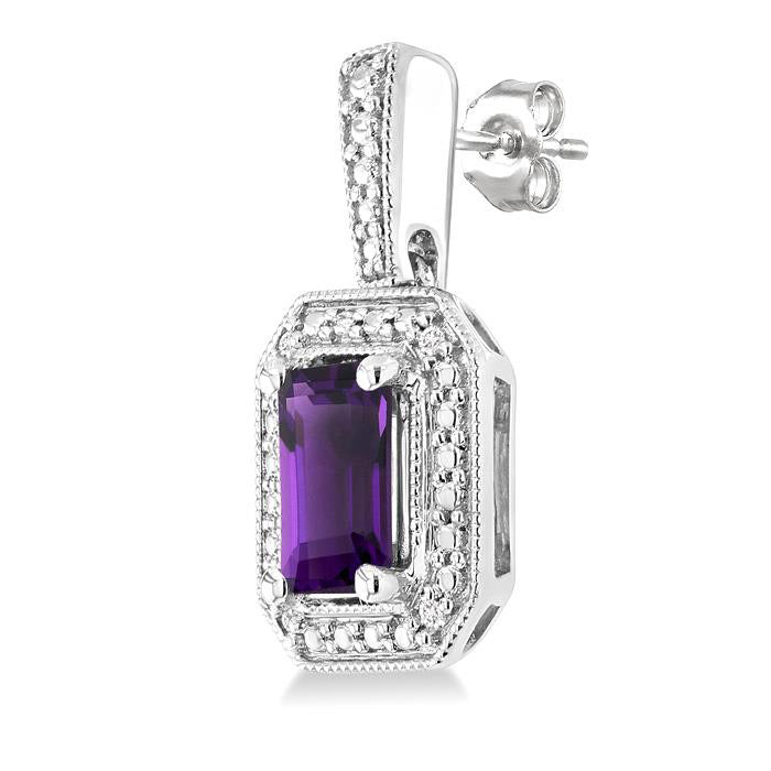 Silver Emerald Shape Gemstone & Diamond Earrings