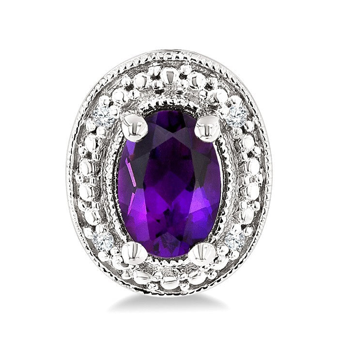 6X4 MM Oval Shape Amethyst and 1/50 Ctw Round Cut Diamond Semi-Precious Earrings in Sterling Silver