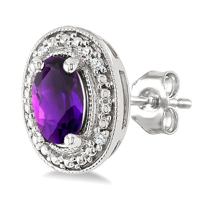 6X4 MM Oval Shape Amethyst and 1/50 Ctw Round Cut Diamond Semi-Precious Earrings in Sterling Silver
