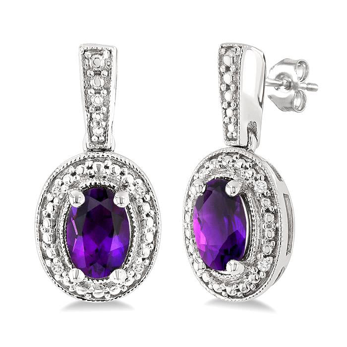 Silver Oval Shape Gemstone & Diamond Earrings
