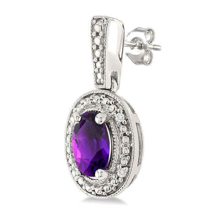 Silver Oval Shape Gemstone & Diamond Earrings