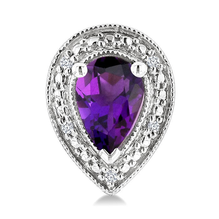 6X4 MM Pear Shape Amethyst and 1/50 Ctw Round Cut Diamond Semi-Precious Earrings in Sterling Silver