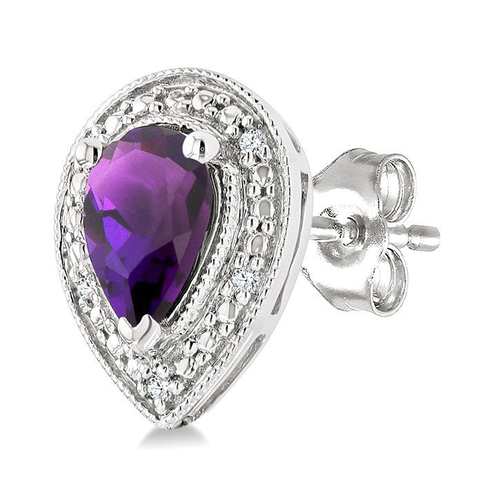 6X4 MM Pear Shape Amethyst and 1/50 Ctw Round Cut Diamond Semi-Precious Earrings in Sterling Silver