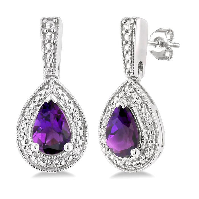 Silver Pear Shape Gemstone & Diamond Earrings
