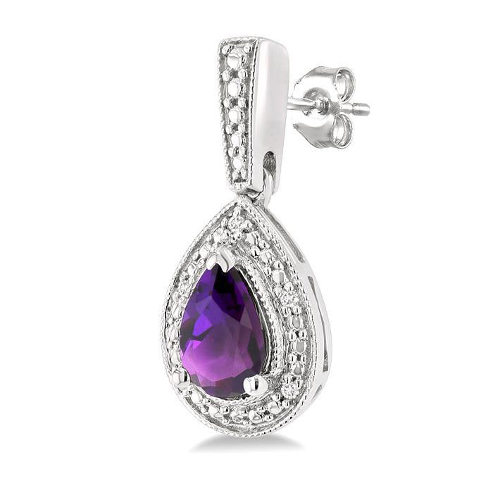 Silver Pear Shape Gemstone & Diamond Earrings